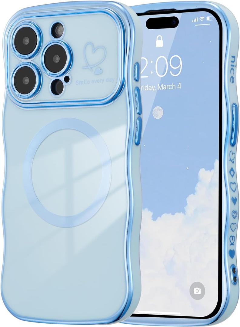 ZTOFERA Magnetic Case for iPhone 13 Pro 6.1",Cute Curly Wave Frame Case with Love Heart Pattern,Luxury Plating Edge Full Camera Protection Shockproof Phone Case for Women Girls,Blue