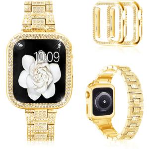 Mosonio Compatible with Apple Watch Band 38mm 40mm 41mm 42mm 44mm 45mm 46mm 49mm with 2 Pack Case Women, Jewelry Replacement Metal Bands Strap with Bling PC Protective Case for iWatch Ultra SE Series 10/9/8/7/6/5/4/3/2/1 (AA-gold)