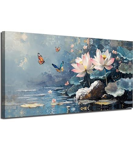 Ardemy Lotus Flower Wall Art Landscape Zen Butterfly Canvas Modern Blue Grey ...