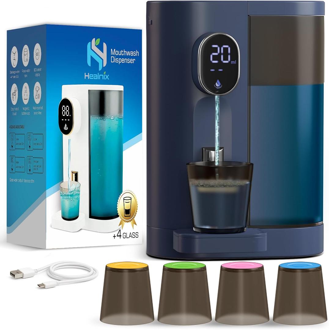 Automatic Mouthwash Dispenser for Bathroom (20.3 oz) - Touchless Smart Mouth Wash Dispenser with 4X Magnetic Cups - Wall-Mounted and Countertop Set for Kids and Adults Bathroom (Navy Blue)