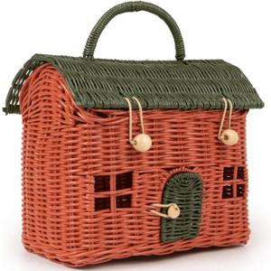 KOLWOVEN Rattan Storage Basket with Lid - Mouse in a Box - Small Doll House - Decorative Hand Woven Shelf Organizer - Cute Handmade Handcrafted Gift Decoration Artwork Wicker (Moss Green)