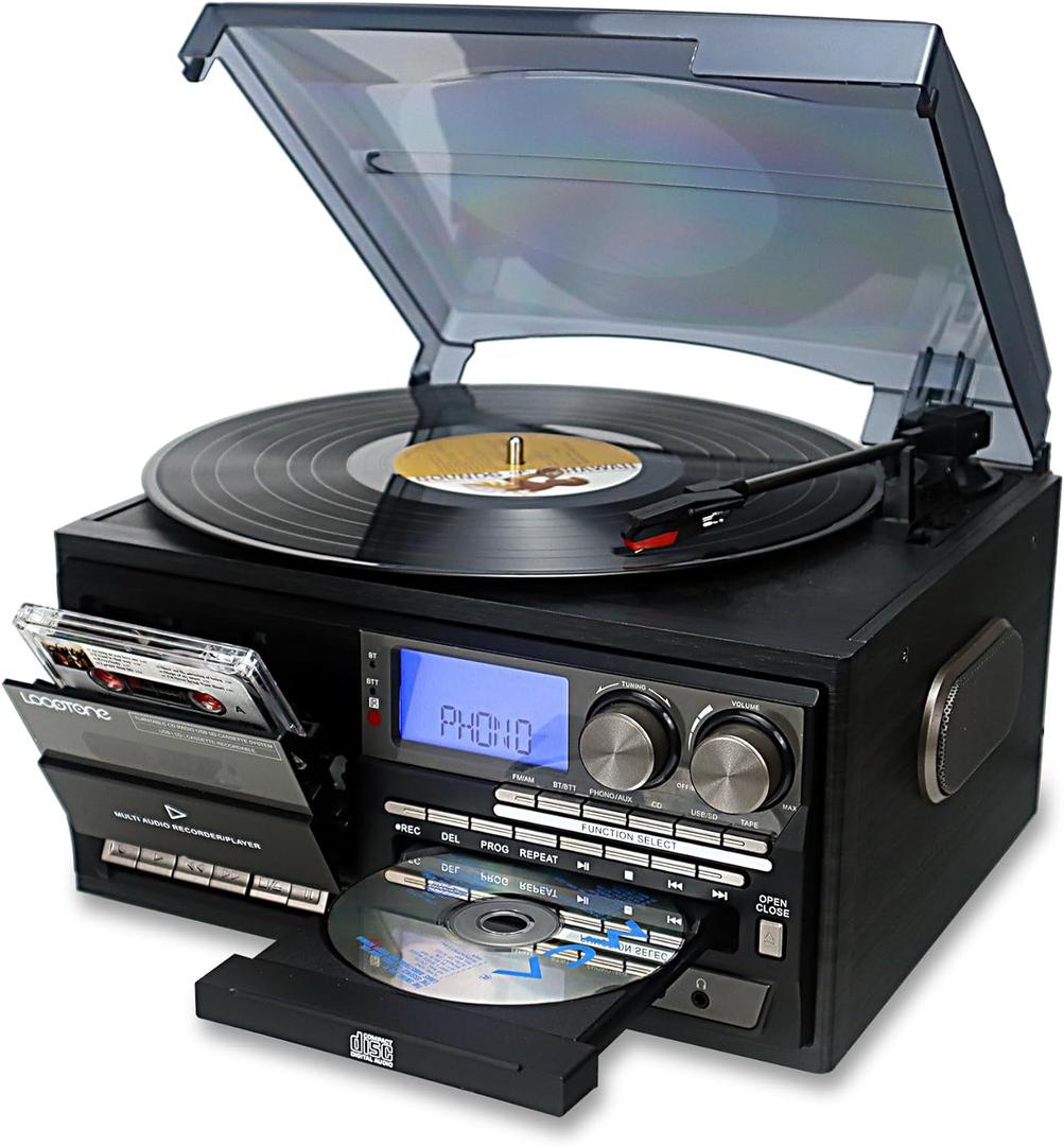 Vinyl Record Player 10 in 1 3 Speed Bluetooth Vintage Turntable CD Cassette Player AM/FM Radio USB Recorder Aux-in RCA Line-Out (Black-Grey)