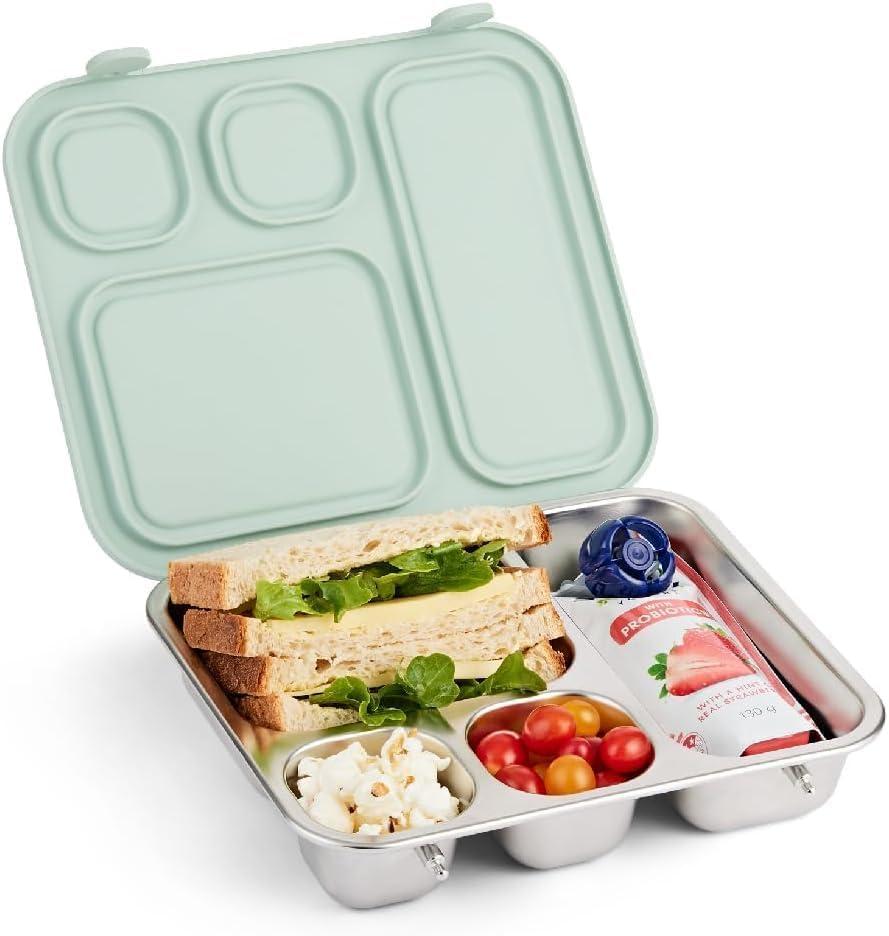 Elk and Friends Kids Stainless Steel Bento Box with Silicone Lid | Leak-proof | Toddler Lunch Container | 4 Compartments | Dishwasher Safe (Sage)