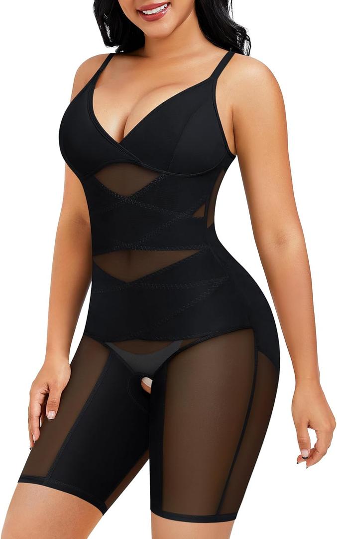 REYEOGO Bodysuit Shapewear for Women Tummy Control Butt Lifter Full Body Shaper Seamless Thigh Slimmer Faja V-Neck Jumpsuit (Large, Black)