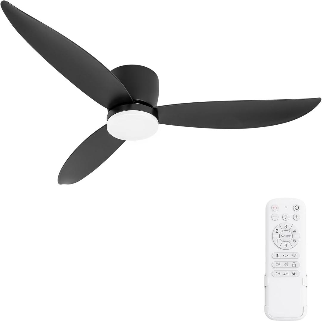 52 Inch Ceiling Fan with Light and Remote Control, LED Flush Mount Low Profile Black Ceiling Fans for Bedroom Farmhouse Patio Outdoor Living Room, Modern Dimmable 6 Speed Reversible, DC Motor