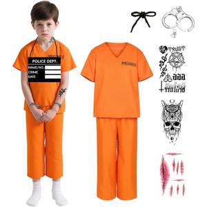 Kids Prisoner Costume Orange Prison Inmate Outfit Halloween Jail Criminal Jumpsuit Pant Set for Boys Girls (Large)