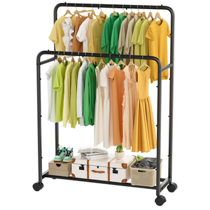 Simple Trending Clothing Clothes Rack Double Rods with Wheels, Rolling Metal Garment Rack for Hanging, Black