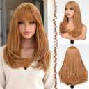 FESHFEN Long Wigs with Bangs, Synthetic Natural Looking Layered Straight Hair Wig for Women Daily Party Use 18 inch, Auburn Brown