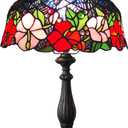 Tiffany Lamp Stained Glass Table Lamp Tiffany Style 3-Way Vintage Beside Reading Light 12 inch Flowers Style Antique Nightstand Light (Red Pink Flowers)