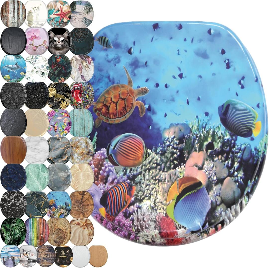 SANILO Wooden Toilet Seat with Soft Close [ROUND] - Decorative, Quiet & Slow Close Molded Wood Seat - With Strong Bumpers & Hinges - Adjustable Fit  Ocean