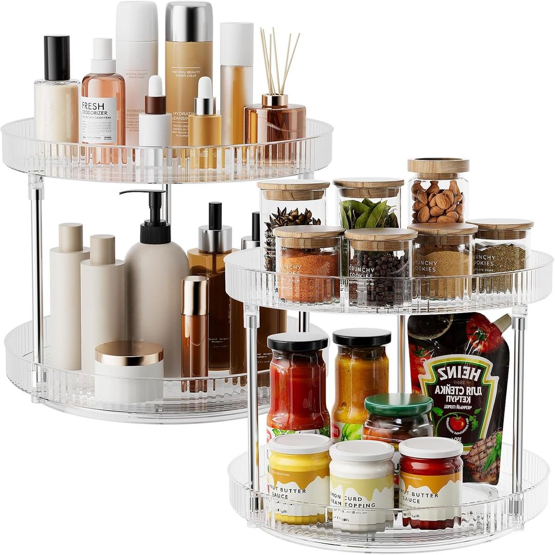 2 Tier Lazy Susan Organizer, 2 Pack Rotating Clear Lazy Susan for Table Top, Seasoning Organizer, Makeup and Perfume Organizer for Vanity, Counter Organizer Tray for Kitchen, Bathroom