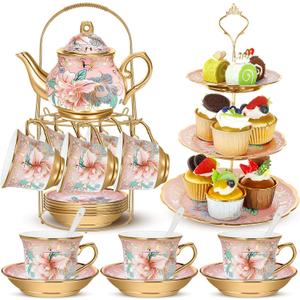 21pcs Porcelain Teapot Parties Set with Metal Holder and Cupcake Stand Ceramic Tea Pot Cups Saucers Cupcake Tier Tower for Women Girls European Parties Weddings Gifts(Pink,Spring)