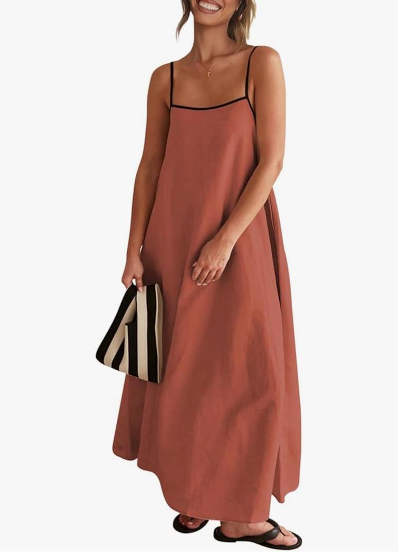 Senllen Women's Linen Dress Summer Loose Flowy Sundress Contrast Spaghetti Strap Sleeveless Backless Beach Maxi Long Dresses, Large, Brick Red 