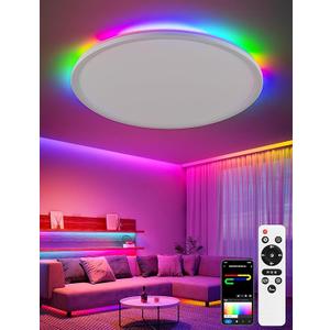 Smart Ceiling Light, RGB LED Flush Mount Ceiling Light with Remote，Ambient Lighting Fixture, 11 Inch 24W 2400LM 3000K-6500K, DIY Colors, Timer, White