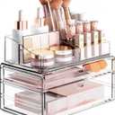 Delamu 3-Tier Clear Makeup Organizer with Drawer, Acrylic Cosmetic Display Case for Makeup Vanity Bathroom Counter Organizers and Storage, Stackable Vanity Organizer for Brushes Lipsticks Skincare
