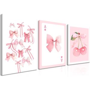 Trendy Pink Bows Canvas Wall Art Set of 3, Vintage Preppy Cherry Posters Prints, Pink Girly Room Aesthetic Wall Decor Painting for College Apartment Living Room Bedroom 12x16 In Framed