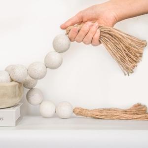 Extra Large Wood Bead Garland with 1.4" Diameter Wood Beads, Wooden Beads Garland with Tassels, Decorative Beads Home Decor, Farmhouse Beads Decor (Rustic White, 41 Inches)