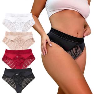 Meshal Lace Thongs Underwear for Women Sexy Breathable Plus Size Double Belt Cheeky Panties 4Pack (Red, XL)