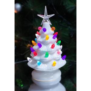 MOMENTS IN TIME Ceramic Christmas Tree 9 White LED Lighted Pre-Lit Tabletop Tree with Multicolor Bulbs & Star Topper, Battery Operated Holiday Decor