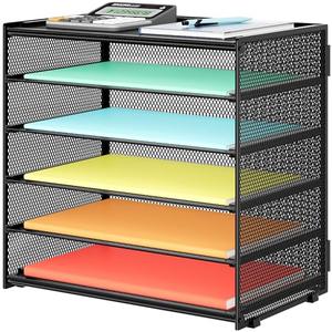 Biciyarn Paper Organizer Storage for Desk Accessories & Workspace Organizers 6 Tier Letter Tray Desk File Organization Metal Mesh Paper Sorter for Office-Black