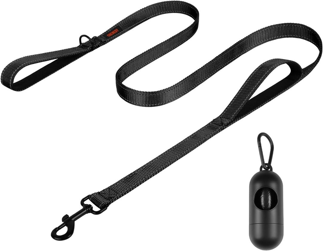 Heavy Duty Dog Leash with 2 Handles - 6ft Reflective Anti-Pull Leash for Large Dogs, Padded Traffic Handle for Control, Durable Nylon Training Lead (Black)