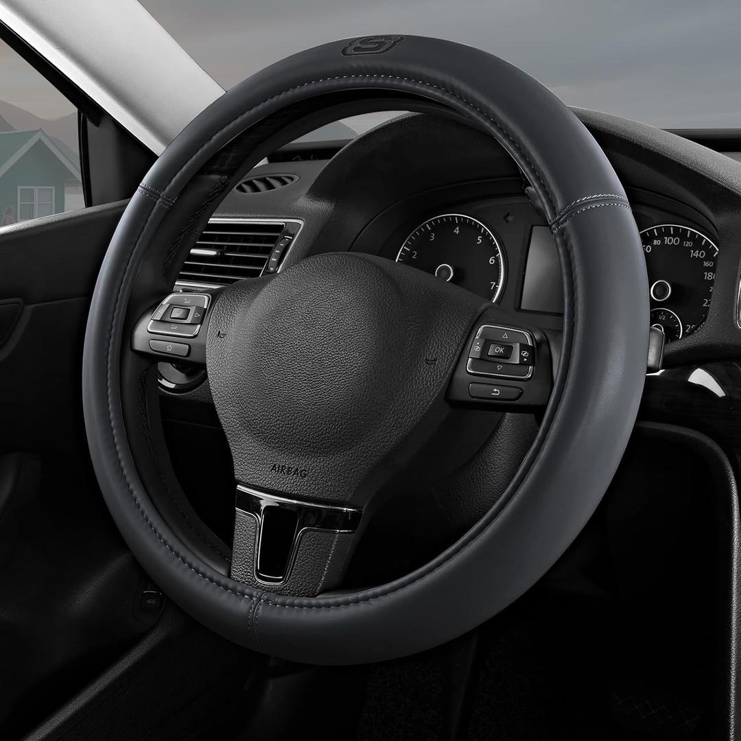 Skechers Memory Foam Steering Wheel Cover,Grade Protein Leather Steering Wheel Cover,Universal Anti-Slip Fit 14" 1/2-15" Car Wheel Cover for Men Women Fit Suvs,Vans,Sedans,Car,Trucks,Grey