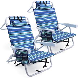 Yestomo Beach Chairs for Adults Heavy Duty, Compact Portable Lay Flat Folding Chair with Backpack Straps and Large Cooler Pouch, Support to 350LBS (2 Pack Stripes_Blue&Cyan)