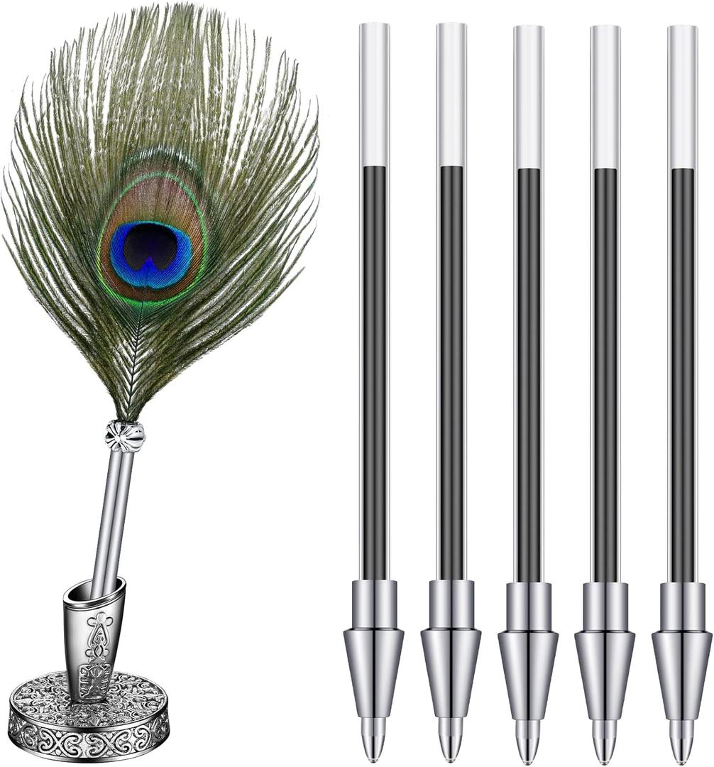Gersoniel Feather Ballpoint Pen and Vintage Metal Pen Holder Black Ink Vintage Feather Quill with 5 Pieces Refill Wedding Signature for School Office Wedding Birthday Party Favor(Vivid Style,Green)
