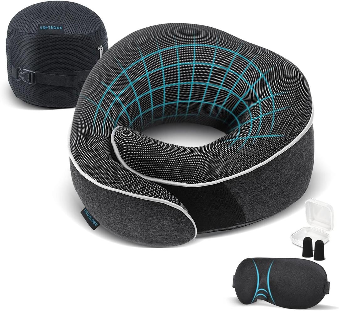 Proglobe Travel Neck Pillow 100% Memory Foam Airplane & Car Travel Essentials Kit with 3D Eye Mask, Earplugs & Mesh Bag Sleeping Support Pillow for Adults (Dark Grey)