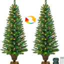 2 Pack 4 Ft Outdoor Potted Christmas Tree for Porch with 3 Mode Timer Dual Color Change 80 Warm White & Multi Color Lights 12 Mode Remote Control Battery Operated Xmas Tree Front Door Decor