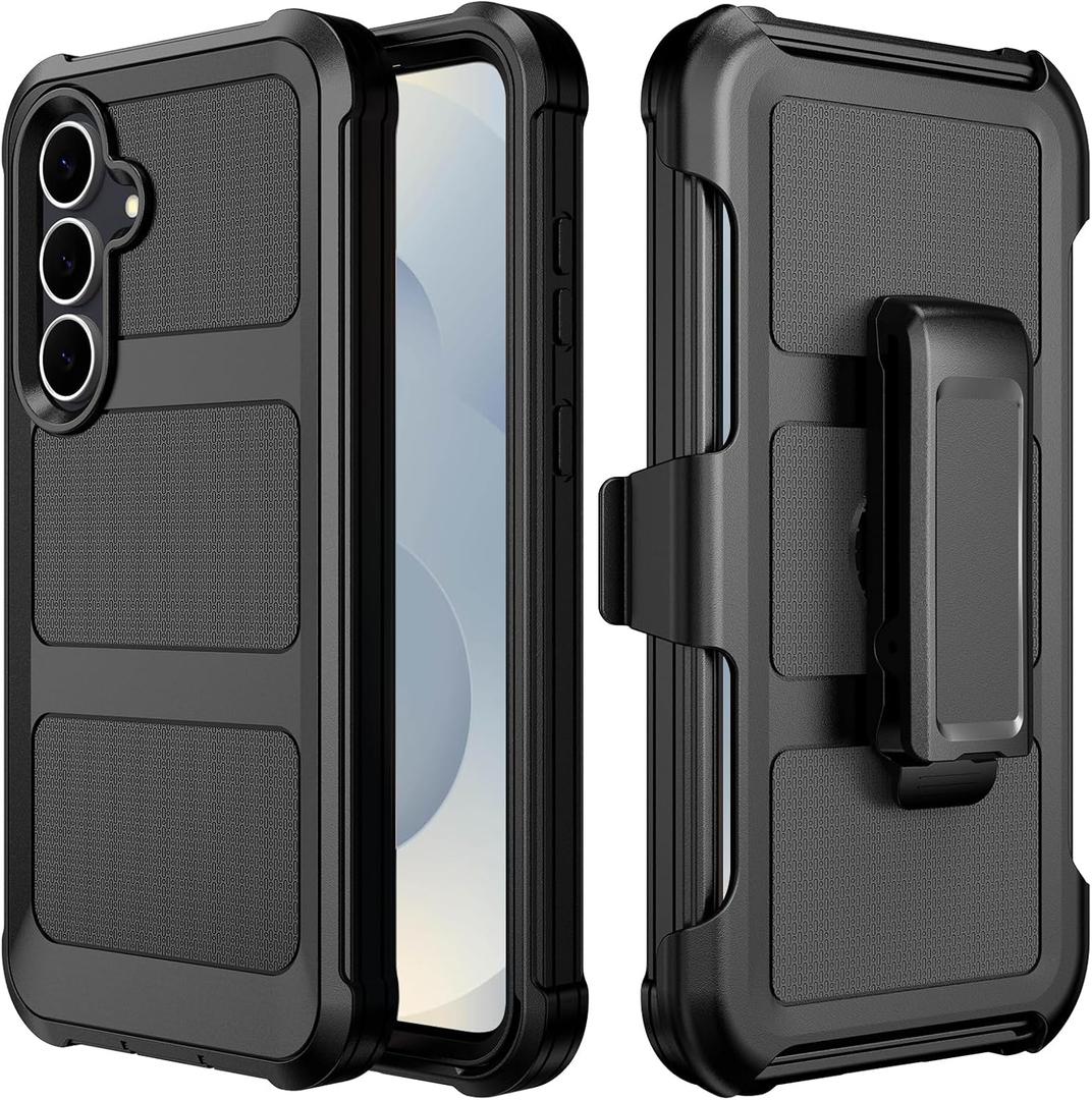 Samsung Galaxy S25 Case, Heavy Duty Protective Case Rugged Shockproof Phone Cover with Belt Clip Holster/Kickstand for Samsung Galaxy S25 (Black, S25)