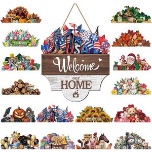 Yousoontic 17 Pcs 12 Inch Magnetic Welcome Door Sign Interchangeable Front Door Wreath Decor Rustic Seasonal Hanging Sign Patriotic Summer Decor for Home Warming Gift(Bright Color,Classic Welcome)
