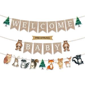 Pre-Strung 6ft Burlap Welcome Baby Banner for Woodland Baby Shower Decorations,Neutral Forest Animals Gender Reveal Party Decor, Beige