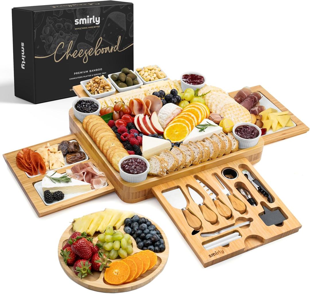 SMIRLY Charcuterie Boards Set - Large Bamboo Cheese Board Set - House Warming Gifts New Home, Wedding Gift for Ce, Bridal Shower Gift, Birthday Gifts for Women