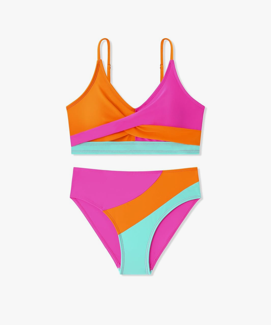 Girls Swimsuit V Neck Bikini Set Bathing Suits Color Block Two Piece Swimsuits, Size 13-14 Years