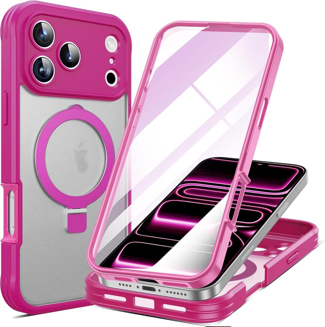 for iPhone 17 Pro Max Case with Invisible Magnetic Stand, Compatible with Mag-Safe Translucent Matte with Built-in Screen Protector, Shockproof Protective Phone Case for Women Men, Rose