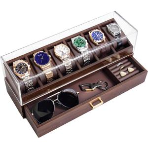 KAMIER High End Wooden Watch Box with 6 Slots & Glass Lid - 2-Layer Jewelry Organizer for Men - Watch Display Case, Ideal Business Gift for Watch Enthusiasts with Gift Box, Walnut