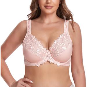 TELIMUSSTO Women's Full Coverage Floral Lace Underwired Bra Plus Size Non Padded Comfort Bra (52DDD, Pink)
