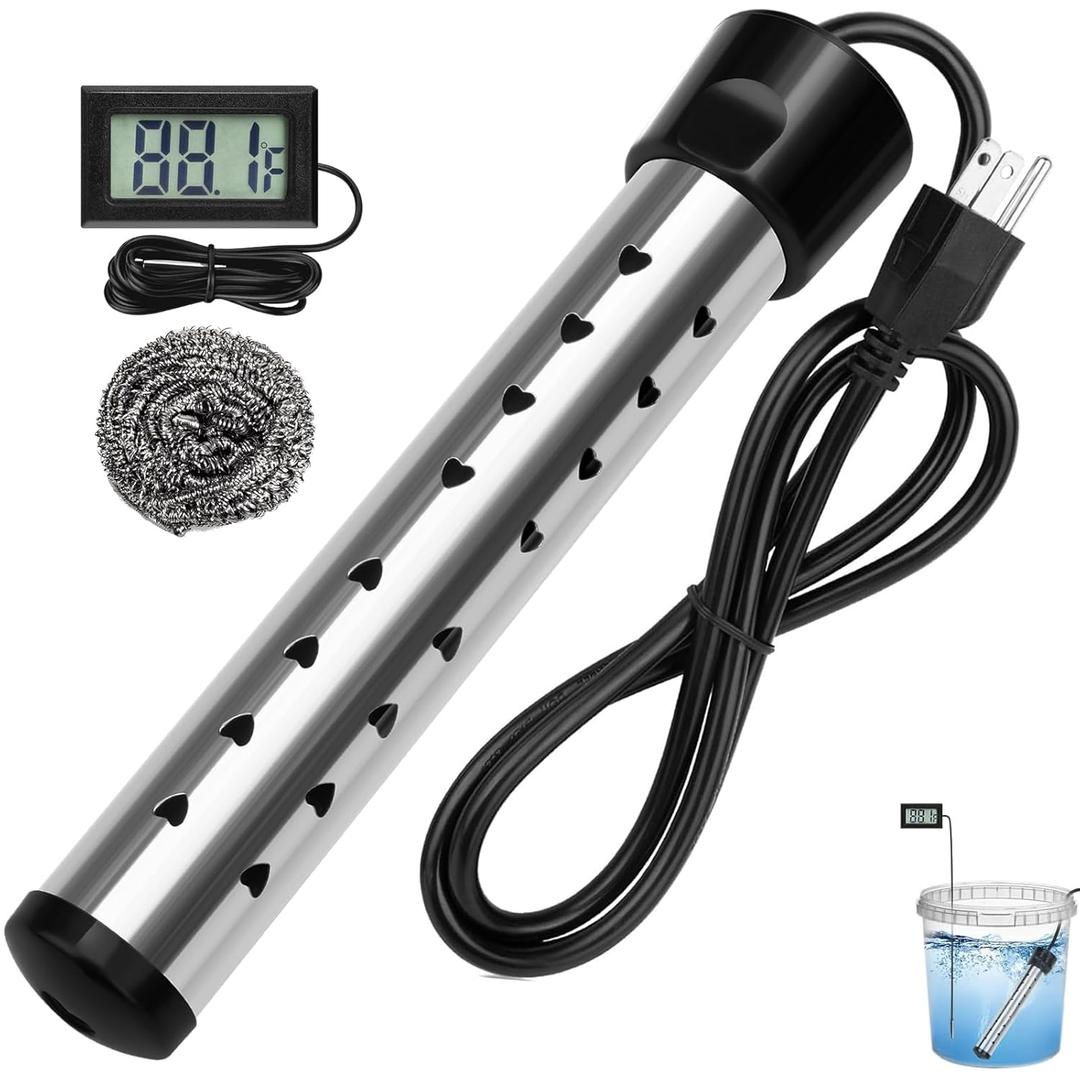 2000W Immersion Water Heater Electric, Fast Heating Portable Water Heater with 304 Stainless Steel, Bucket Heater with Digital LCD Thermometer for Home Camping Bath Pool Outdoor Use