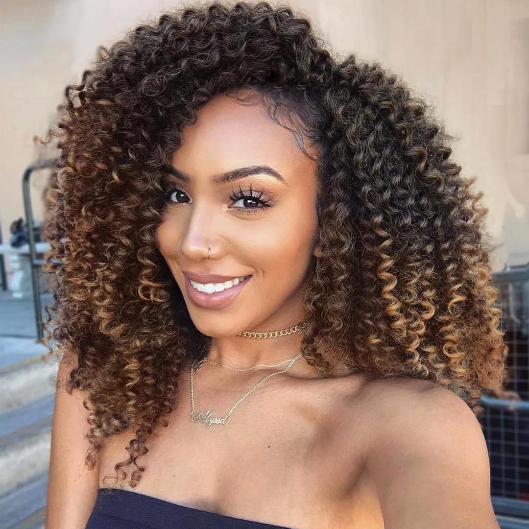 LADY MIRANDA Brown Color Afro kinky Curly Braiding Hair Extensions Jerry Curl Crochet Hair 3X Braid Hair Mixed Dark Brown to Light Brown Short Synthetic Hair Styles (Black&brown) (10 Inch-3 Packs, 1B/30)