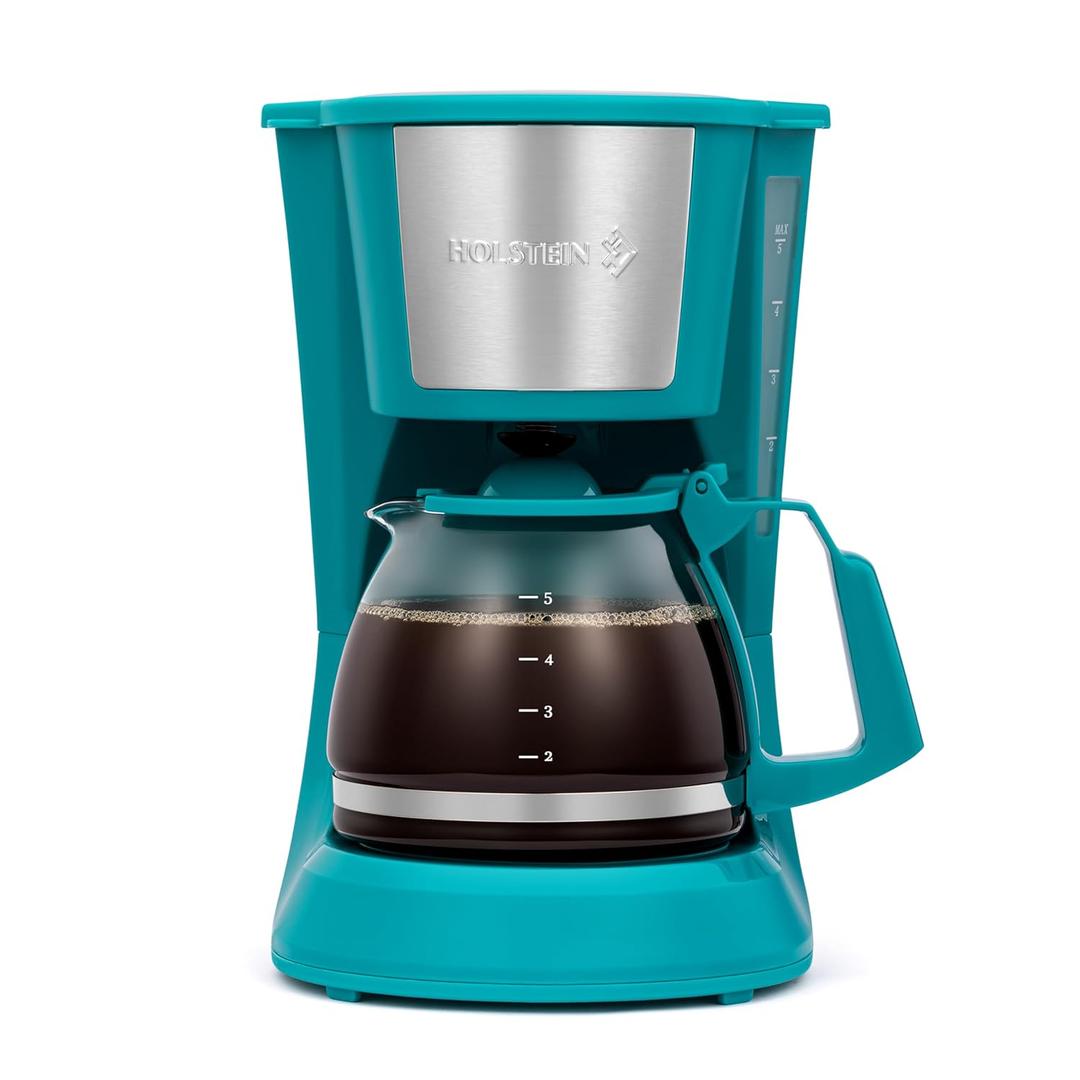 Holstein Housewares 5 Cup Drip Coffee Maker Compact and User-Friendly with Auto Pause & Serve, Reusable Filter, Measuring Spoon & Glass Carafe, Office & Dorm Use, Teal