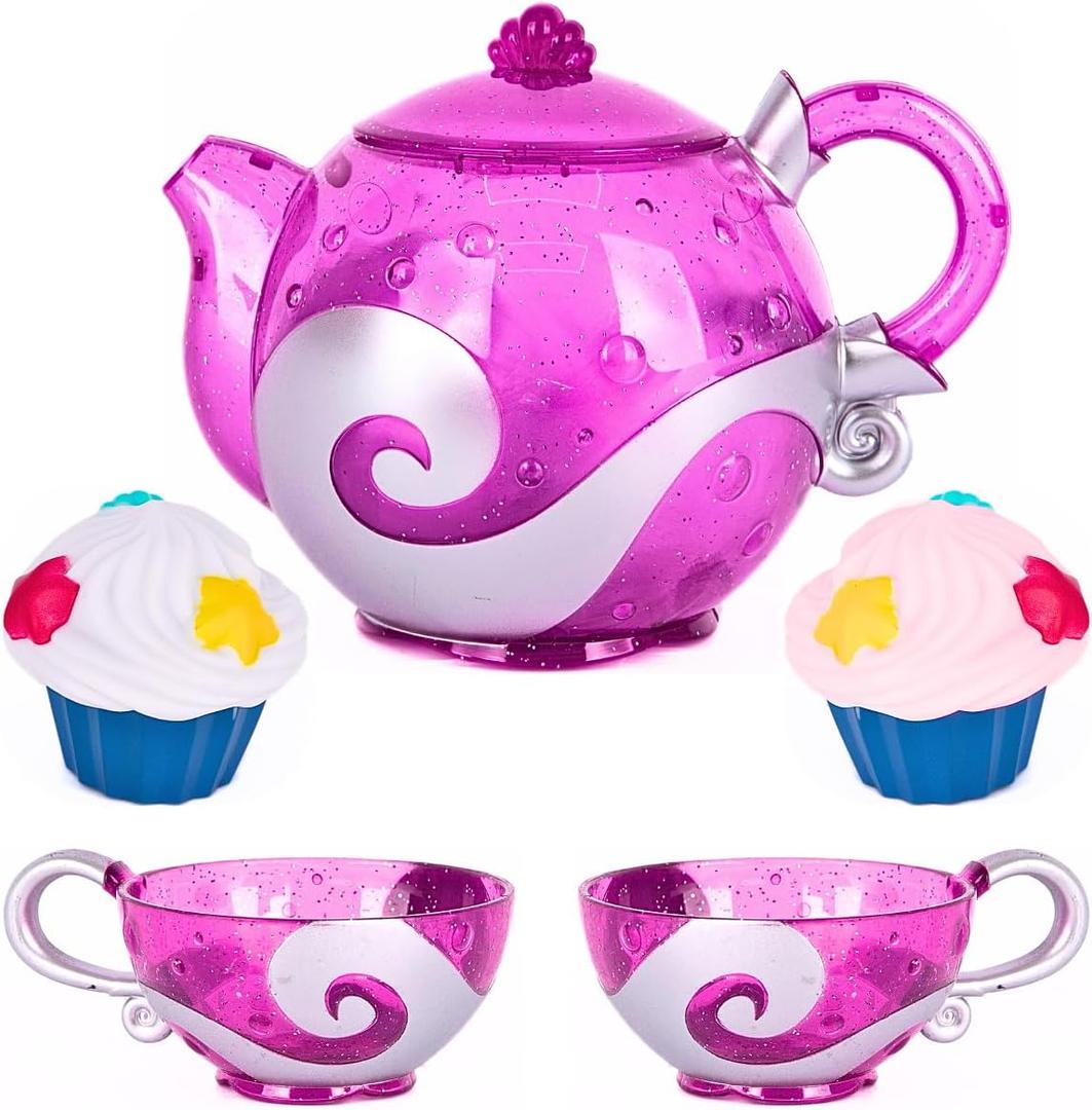 Princess Tea & Treats Water Toy Set - Girls Bath & Pool Beach Toys Tea Party Playset - Teapot, 2 Tea Cups, Silicone Cupcakes That Spray Water - Water Safe - Toddler Summer Princess Party Favor & Decor