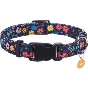 PUPTECK Cute Floral Dog Collar, Soft Cloth Fabric Dog Collars for Small Medium Large Dogs, Adjustable Puppy Collar with Pendant for Male Female Boys Girls Accessories (Black) L