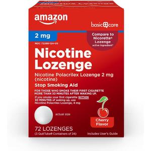 Amazon Basic Care Nicotine Polacrilex Lozenge 2 mg, Cherry Flavor, Stop Smoking Aid, 72 Count