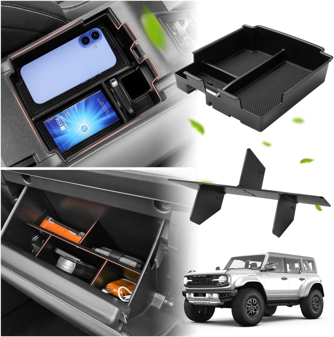 Sunsdrew 2025 Upgraded Center Console Organizer for 2025 2026 Ford Bronco 4-Door Accessories,2PCS Bronco Armrest Storage Box&Glove Box Organizer Slide smoothly Black(Not for 2-Door&Bronco Sport)