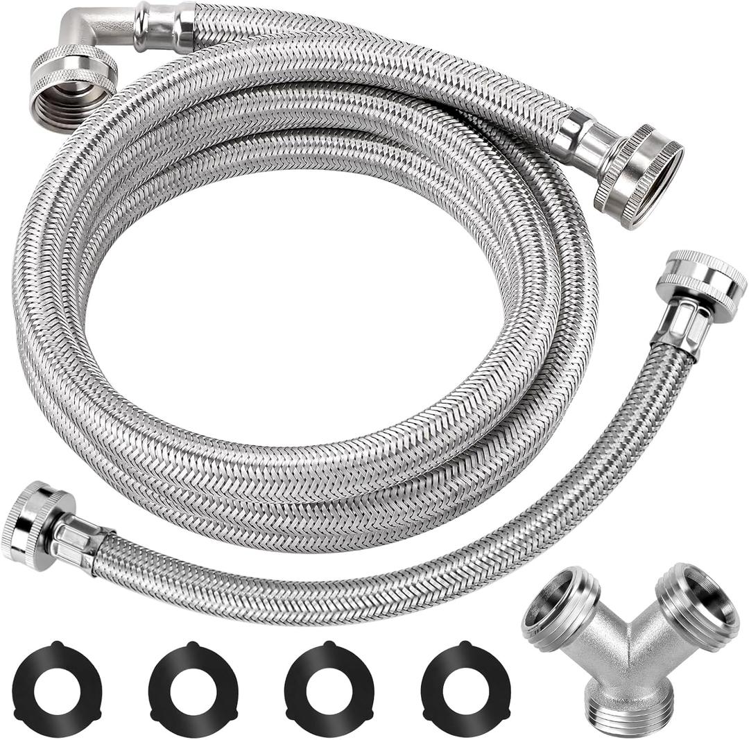 Upgraded 6Ft Steam Dryer Hose Kit by Puxyblue Includes 6Ft Braided Stainless Steel hose with 90 Degree Elbow, 1Ft Inlet Adapter Hose, Y-connector - Burst Proof Line Fit for All Steam Dryers