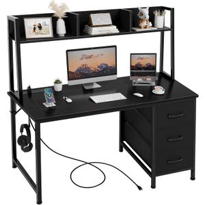 DLisiting Black Computer Desk with Hutch & Drawers - Office Desk with 3 Storage Drawers and Power Outlets, 47 Inch Modern Study Writing Desk for Bedroom Home Office