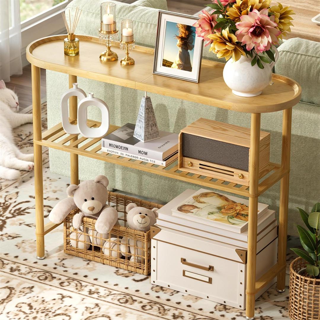 Narrow Console Table Bamboo 39.4", Modern Entryway Table for Hallway Oval Top, Sofa Console Table with Anti-Fall Edge, TV Stand for Living Room, Indoor Outdoor Plant Stand, 5min Easy Assembly, 39.4"L x 11.8"W x 29.7"H