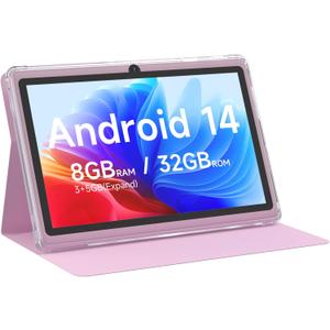 Android 14 Tablet 7 inch Tablets with Case, 8GB RAM 32GB ROM 1TB Expand, Quad-Core Processor Tablet PC, 1024 x 600 IPS Screen, Dual Camera, 3000mAh Battery, Bluetooth, WiFi, GMS, Widevine L1, Pink