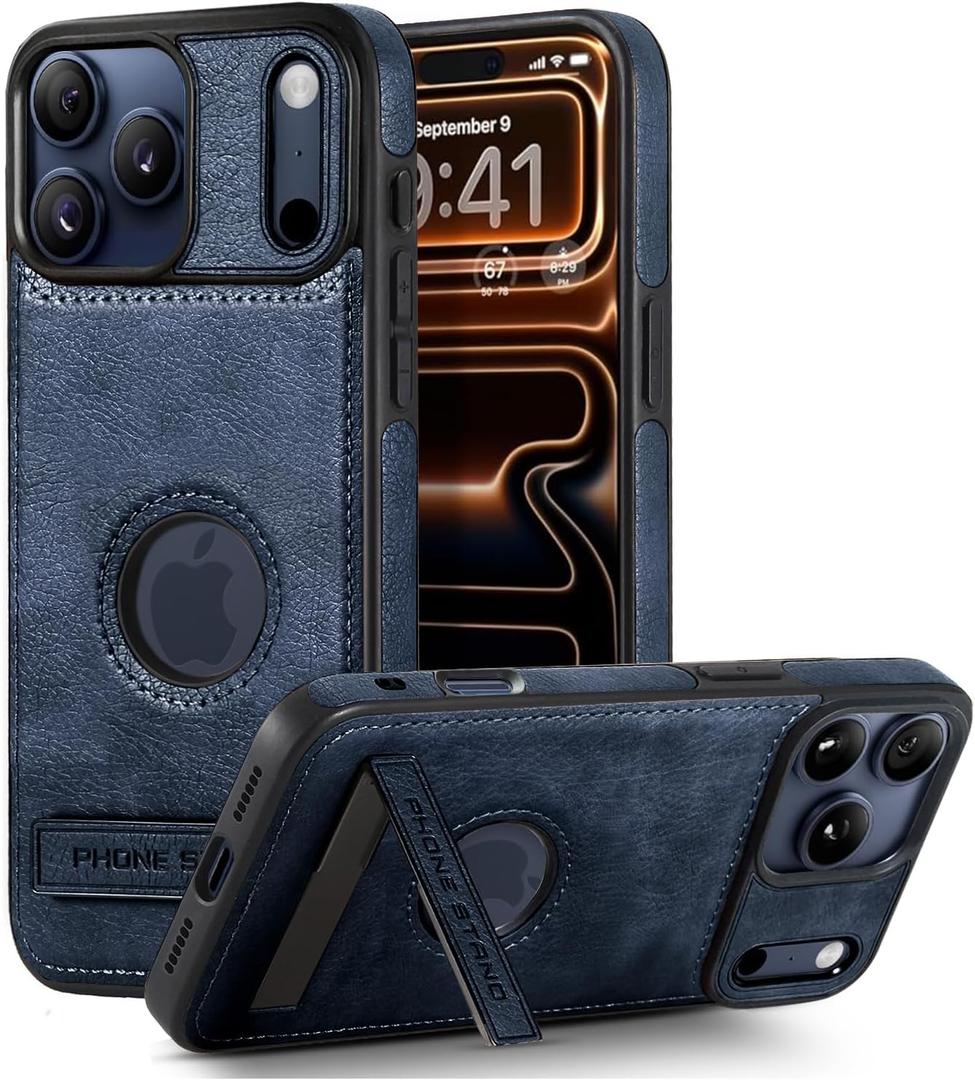 Leather Case for iPhone 17 Pro Case, Protective Slim with Kickstand Shockproof Phone Cases, Built-in Invisible Stand Compatible with iPhone 17 Pro 6.3'' (Blue)